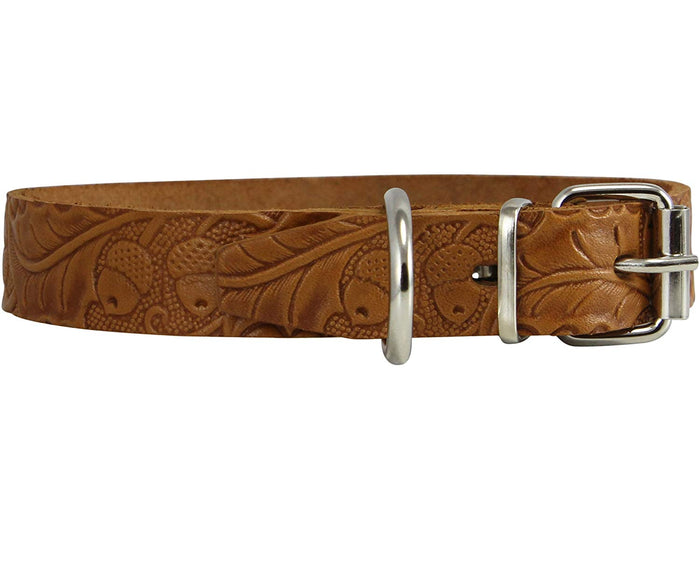 Genuine Tooled Leather Dog Collar Floral Pattern Tan 3 Sizes