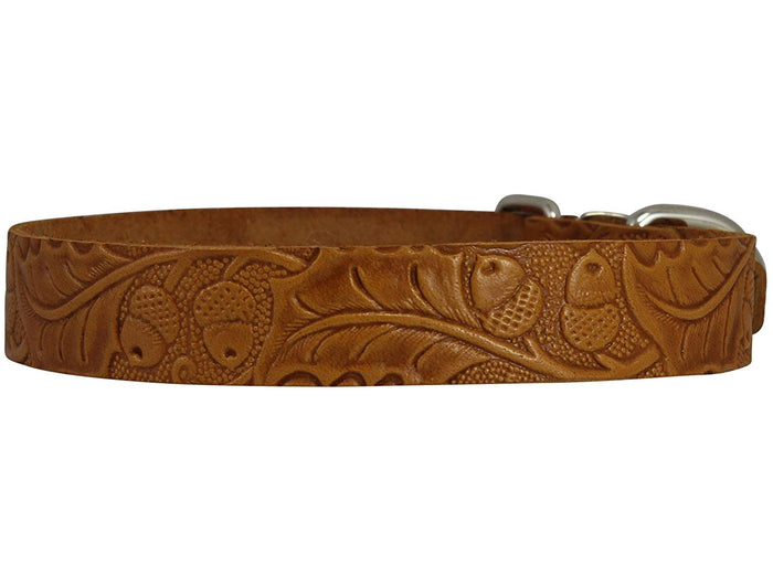 Genuine Tooled Leather Dog Collar Floral Pattern Tan 3 Sizes