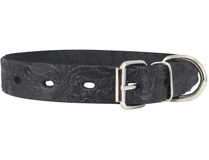 Genuine Tooled Leather Dog Collar Hunting Pattern Black 3 Sizes