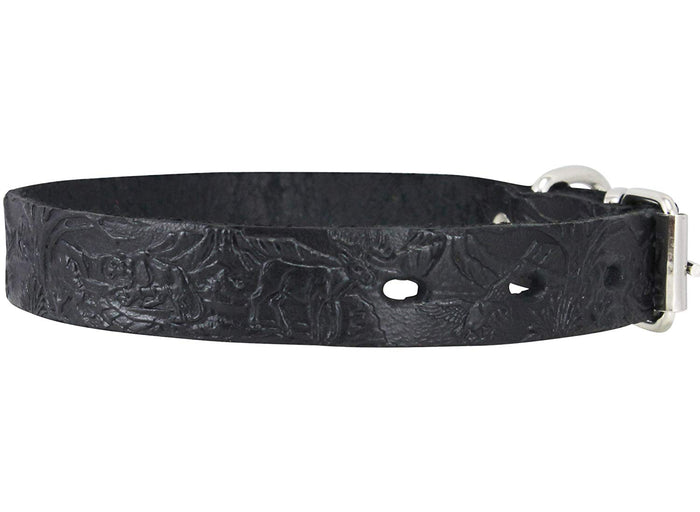 Genuine Tooled Leather Dog Collar Hunting Pattern Black 3 Sizes