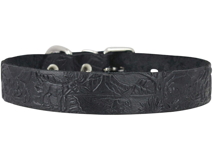Genuine Tooled Leather Dog Collar Hunting Pattern Black 3 Sizes