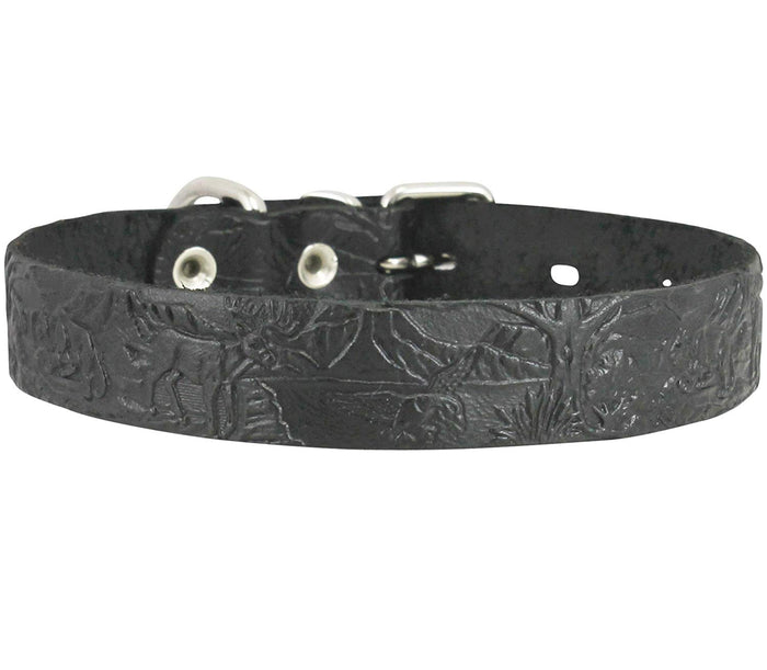 Genuine Tooled Leather Dog Collar Hunting Pattern Black 3 Sizes