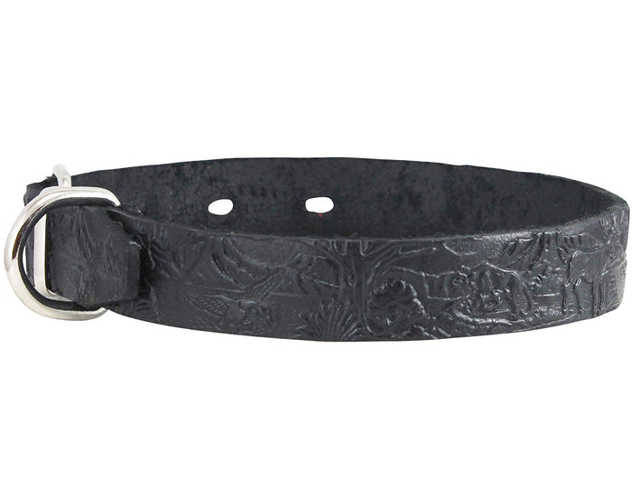 Genuine Tooled Leather Dog Collar Hunting Pattern Black 3 Sizes
