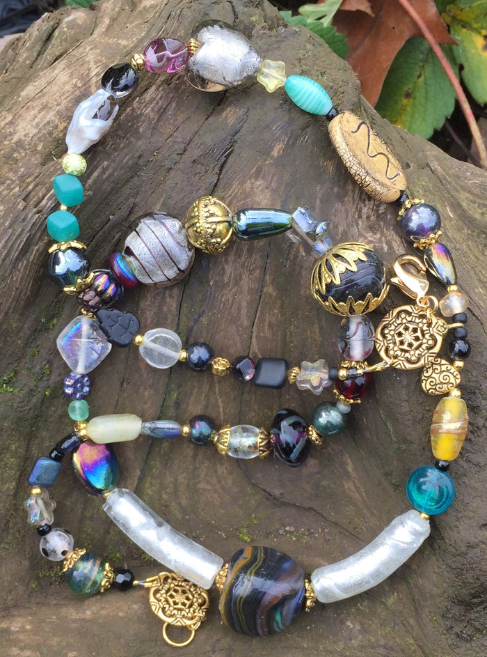 Glass Necklace - Black Gold and Iridescent - "Little Sister''