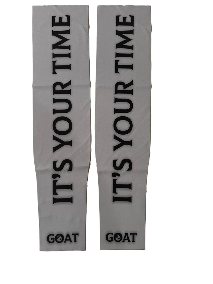 Two gray arms 
sleeves with black text on a white background