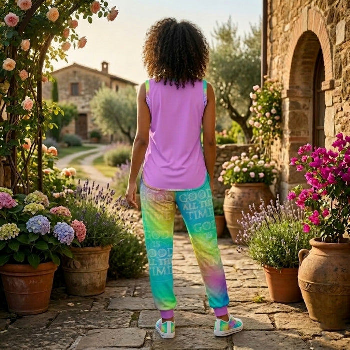 Back view of a woman in a sunlit garden wearing a purple tank top and colorful "God is Good All the Time" joggers, surrounded by blooming flowers.