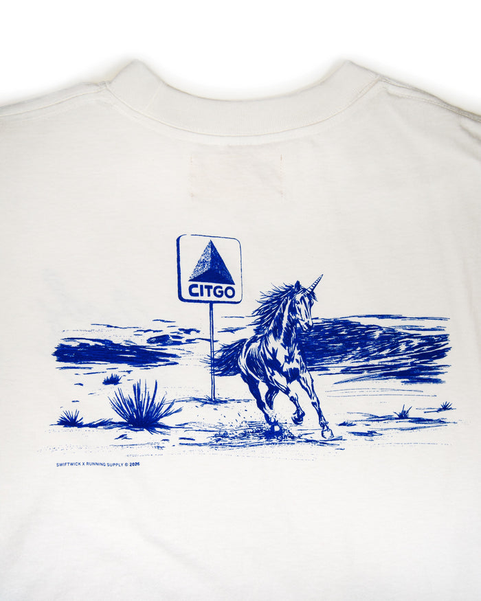 Off white t-shirt with blue graphic of a horse and Citgo sign on a white background