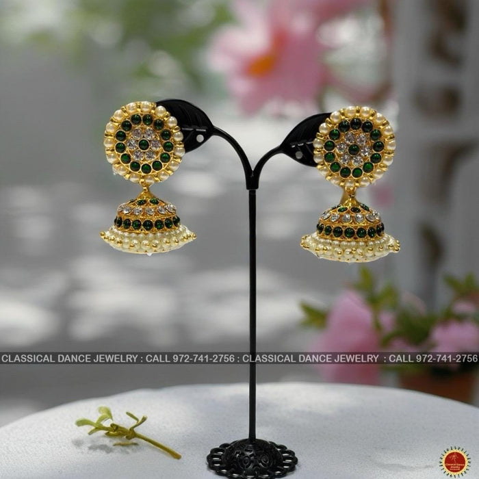 Classical Dance Jewelry GREEN WHITESTONE KEMP Temple Indian Jewelry Earrings | Bharatnatyam Kuchipudi Parties Engagement Weddings Birthday | Classical Dance Jewelry