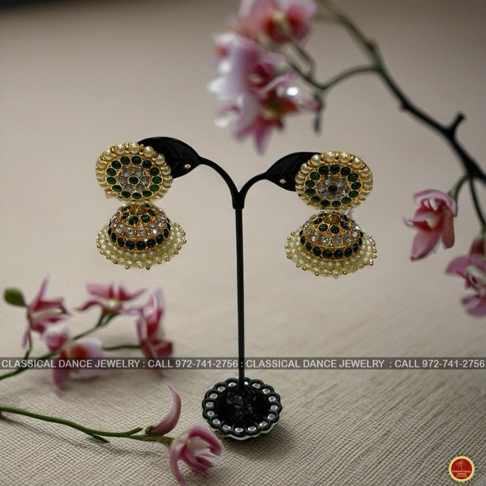Classical Dance Jewelry GREEN WHITESTONE KEMP Temple Indian Jewelry Earrings | Bharatnatyam Kuchipudi Parties Engagement Weddings Birthday | Classical Dance Jewelry