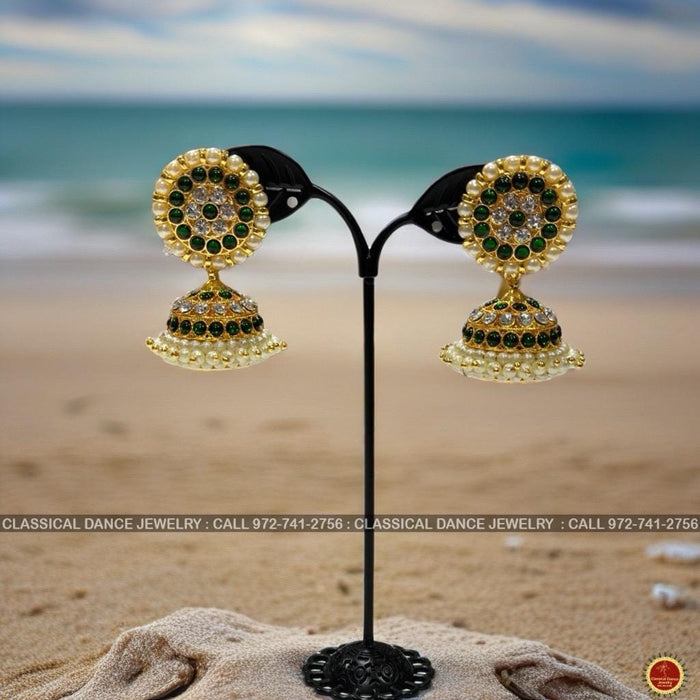 Classical Dance Jewelry GREEN WHITESTONE KEMP Temple Indian Jewelry Earrings | Bharatnatyam Kuchipudi Parties Engagement Weddings Birthday | Classical Dance Jewelry