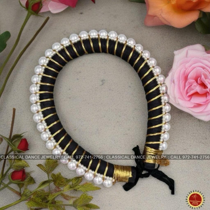 Classical Dance Jewelry Hair Ring with Golden ribbon and white pearls | Veni kondai | Bharatanatyam Kuchipudi Dance Events | Classical Dance Jewelry
