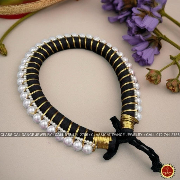 Classical Dance Jewelry Hair Ring with Golden ribbon and white pearls | Veni kondai | Bharatanatyam Kuchipudi Dance Events | Classical Dance Jewelry