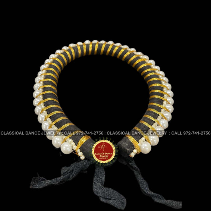 Classical Dance Jewelry Hair Ring with Golden ribbon and white pearls | Veni kondai | Bharatanatyam Kuchipudi Dance Events | Classical Dance Jewelry
