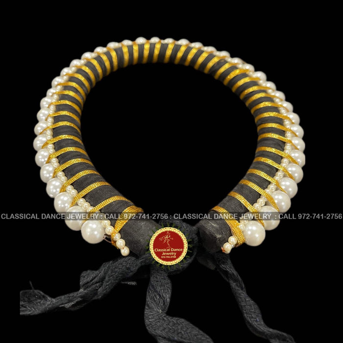 Classical Dance Jewelry Hair Ring with Golden ribbon and white pearls | Veni kondai | Bharatanatyam Kuchipudi Dance Events | Classical Dance Jewelry