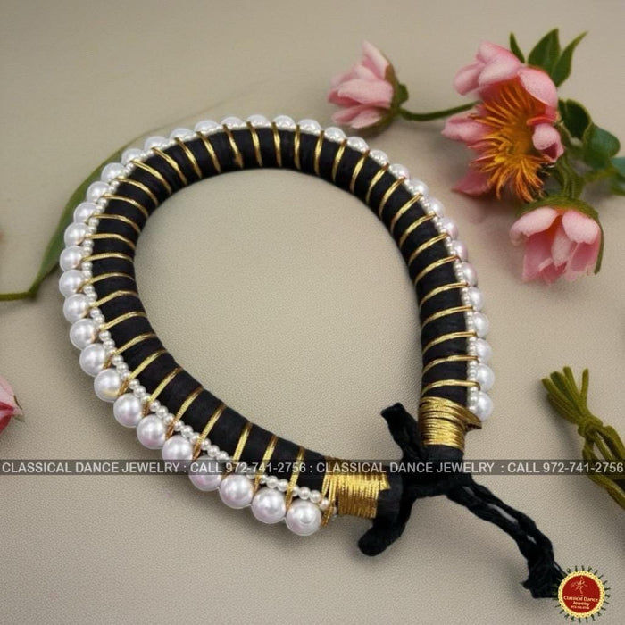 Classical Dance Jewelry Hair Ring with Golden ribbon and white pearls | Veni kondai | Bharatanatyam Kuchipudi Dance Events | Classical Dance Jewelry