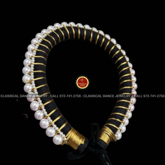 Classical Dance Jewelry Hair Ring with Golden ribbon and white pearls | Veni kondai | Bharatanatyam Kuchipudi Dance Events | Classical Dance Jewelry