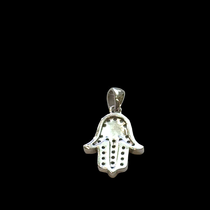 #3 Silver Hamsa hand pendant with eye design on a black background, back view.