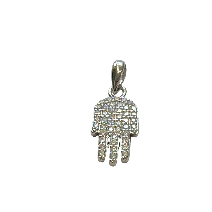 #4 Silver Hamsa hand pendant with eye design on a black background, front view.