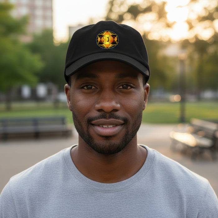 A smiling Black man in a park wearing a grey t-shirt and a black baseball cap with a circular, gold geometric logo. Soft sunset lighting in the background.