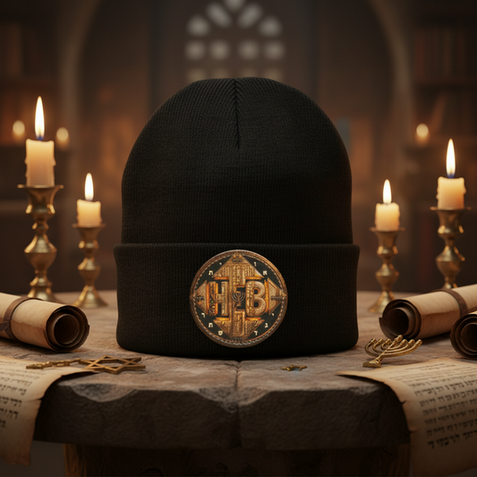 Black cuffed knit beanie with a circular HEB emblem on a stone table surrounded by lit candles, ancient scrolls, and Jewish symbols.