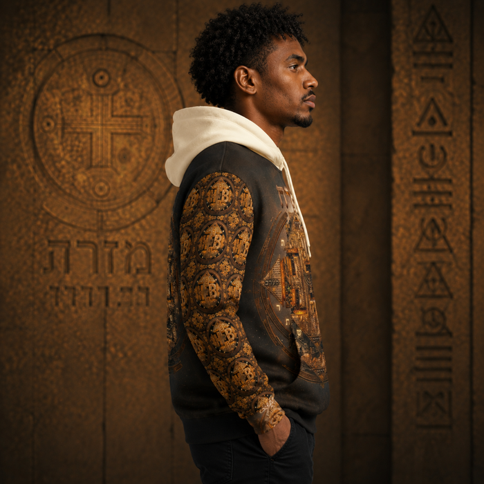 Right side profile showing the left sleeve of the fleece hoodie, covered in a detailed repeating pattern of golden circular emblems on a dark background.