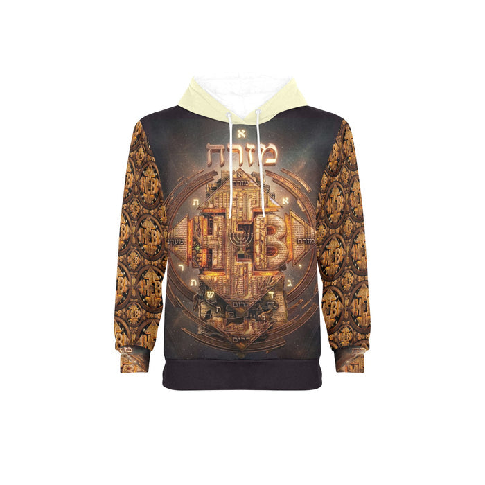 Studio product shot of the men's fleece hoodie front, displaying the intricate golden artwork, cream drawstring hood, and patterned sleeves on a white backgroun