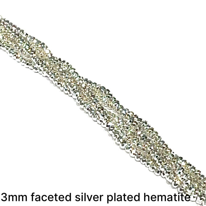 Silver coated Hematite 3mm micro faceted roundels  15'' gemstone strand