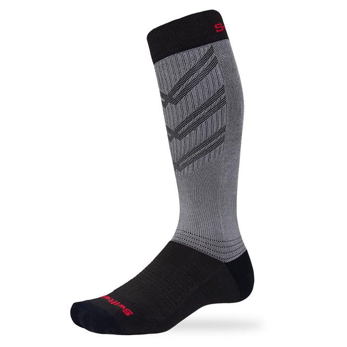 Side view of gray and black hockey knee high sock