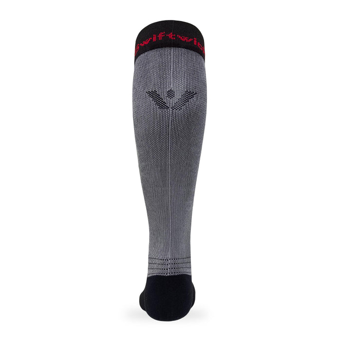 Rear view of gray and black hockey knee high sock