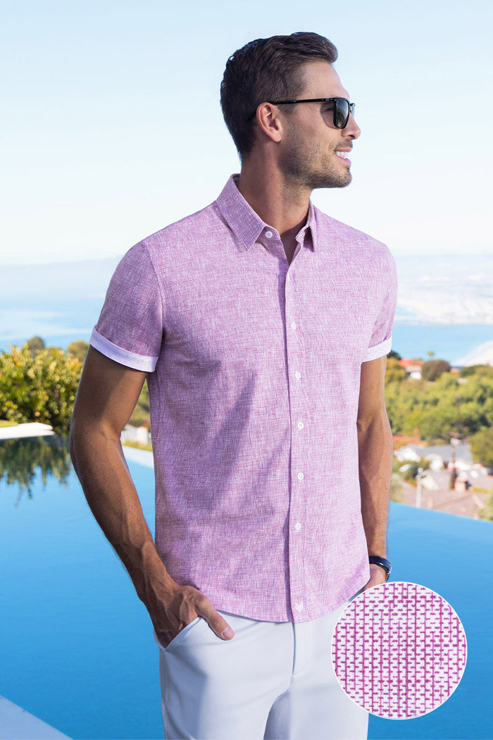 Model wearing Horizon Magenta Icy Cotton® short sleeve shirt classic collar, styled with white shorts