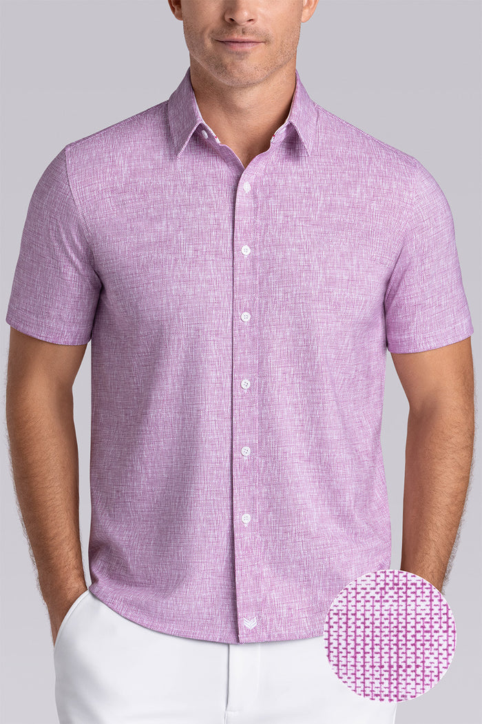 Model wearing Horizon Magenta Icy Cotton® short sleeve shirt classic collar, styled with white shorts