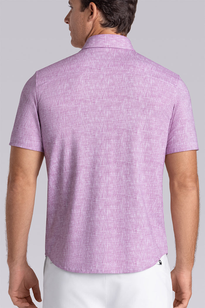 Model wearing Horizon Magenta Icy Cotton® short sleeve shirt classic collar, styled with white shorts