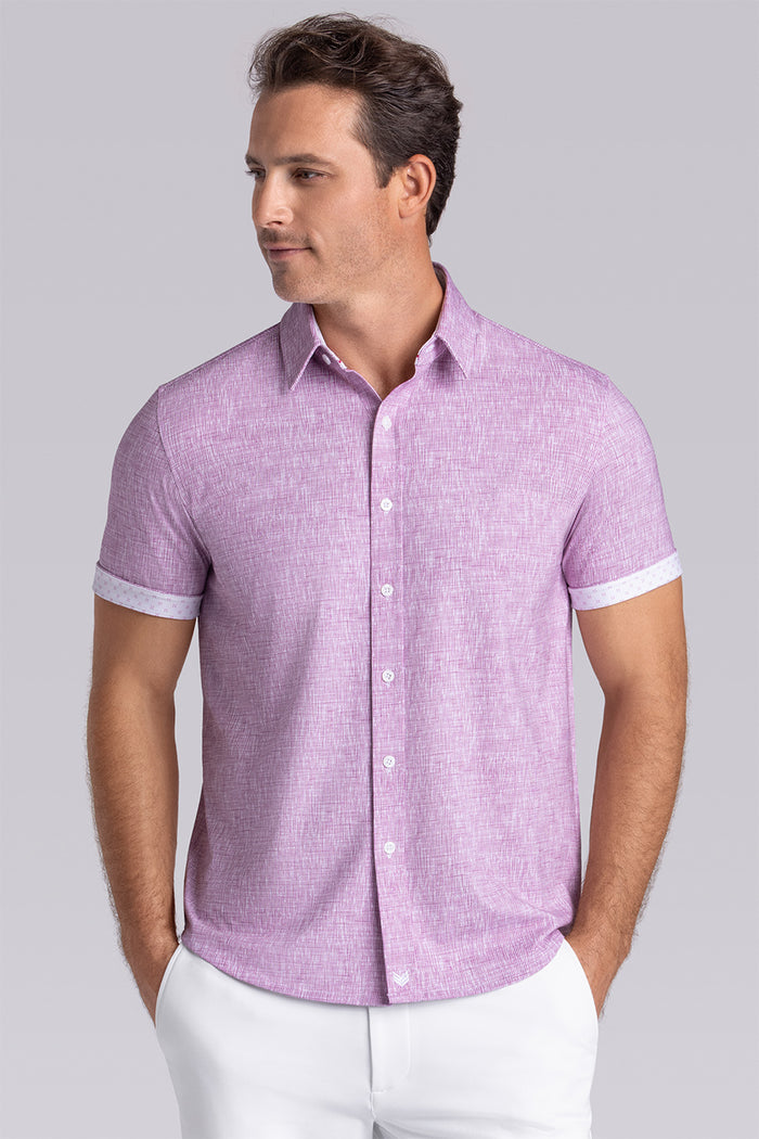 Model wearing Horizon Magenta Icy Cotton® short sleeve shirt classic collar, styled with white shorts
