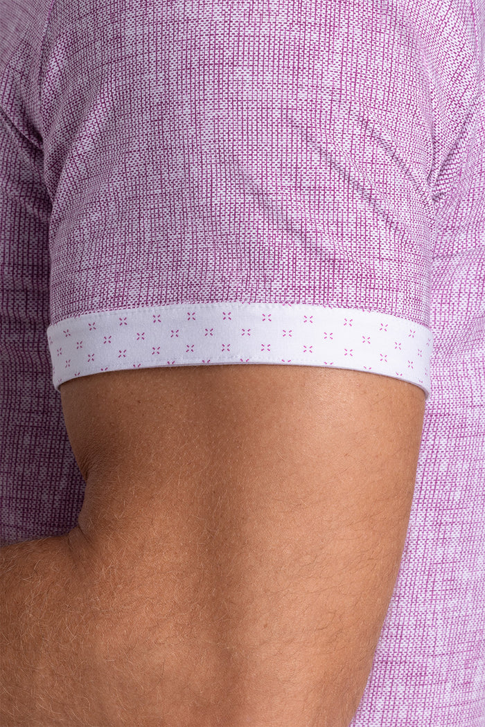 Model wearing Horizon Magenta Icy Cotton® short sleeve shirt classic collar, styled with white shorts