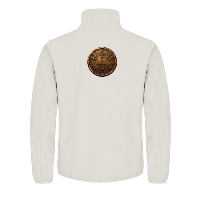 Back view of the white Clique Men's Trail Softshell Jacket featuring a large circular bronze patch centered on the upper back.