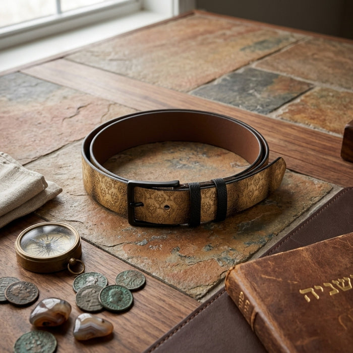 Antique gold leather belt on a stone table with a compass, ancient coins, and a Hebrew-inscribed book, evoking a sense of historical archival discovery.