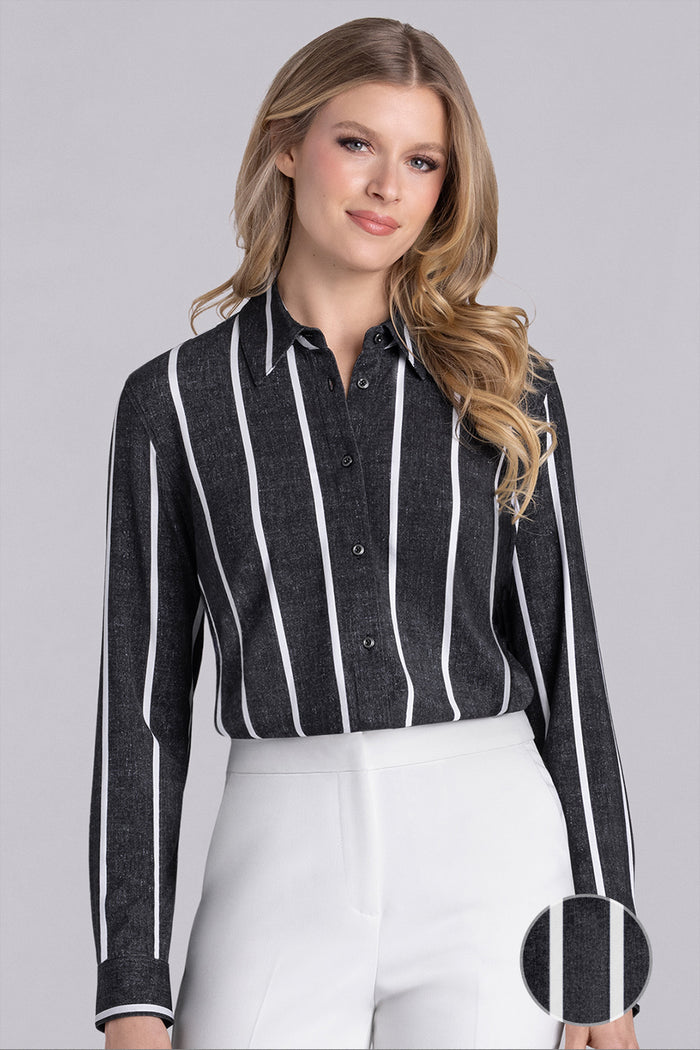 Model wearing Icon Black White Icy Bamboo® long sleeve classic collar shirt, styled with white pants.