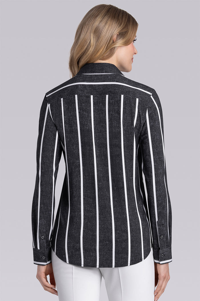 Model wearing Icon Black White Icy Bamboo® long sleeve classic collar shirt, styled with white pants.