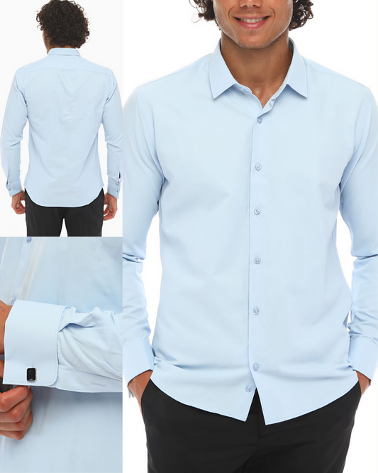 ICONIC BLUE DOUBLER - Blue Double Cuff Shirt With Studs