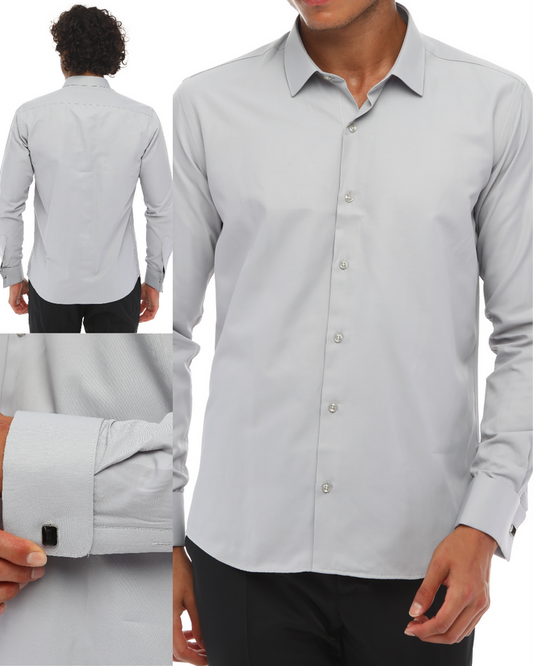 ICONIC GREY DOUBLER - Grey Double Cuff Shirt With Studs