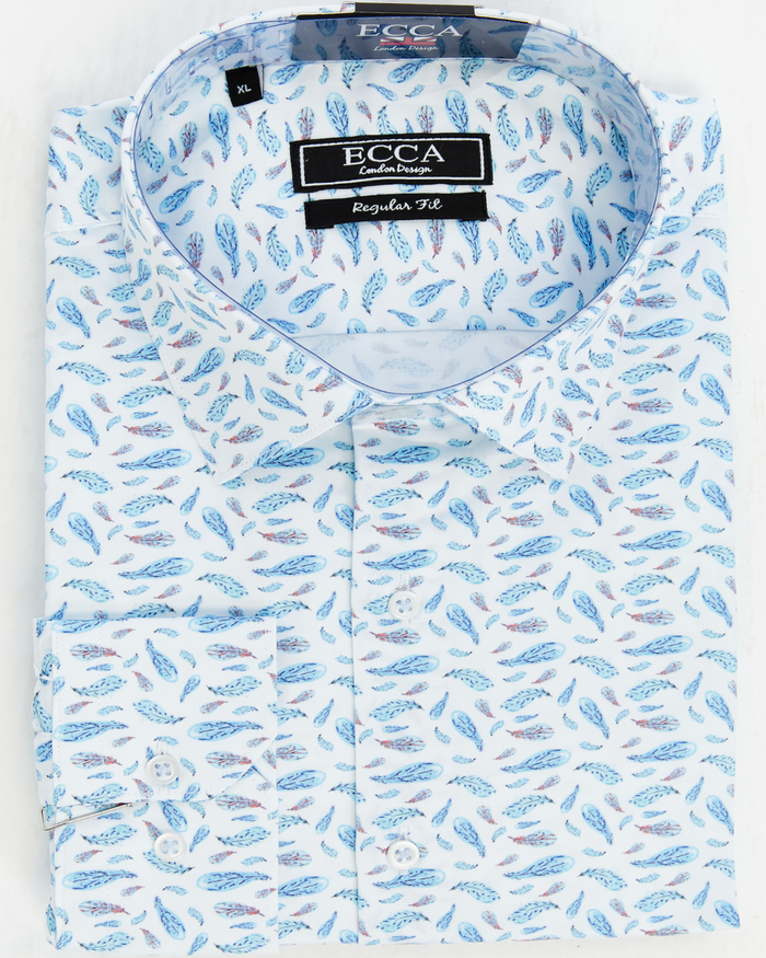 ECCA London branded shirt with blue floral pattern on a white background