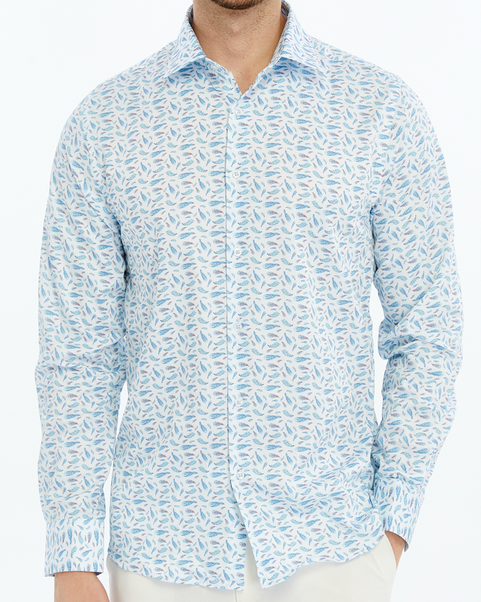 light blue patterned print shirt for men on a white background
