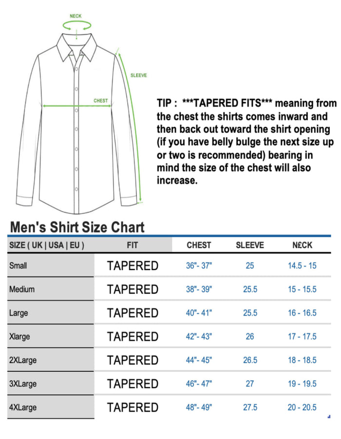 ICONIC LIBERTY Print Shirt for Men Shirt Size Chart by ECCA LONDON DESIGN