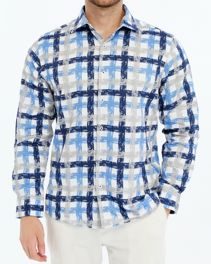 Men Printed blue and white checkered shirt on a white background