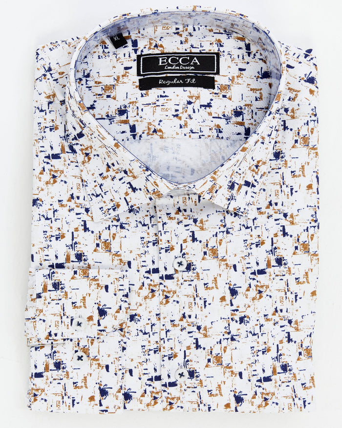 Iconic Liberty Geo I – Men's Blue , Brown Geometric Print Pure %100 Cotton Shirt