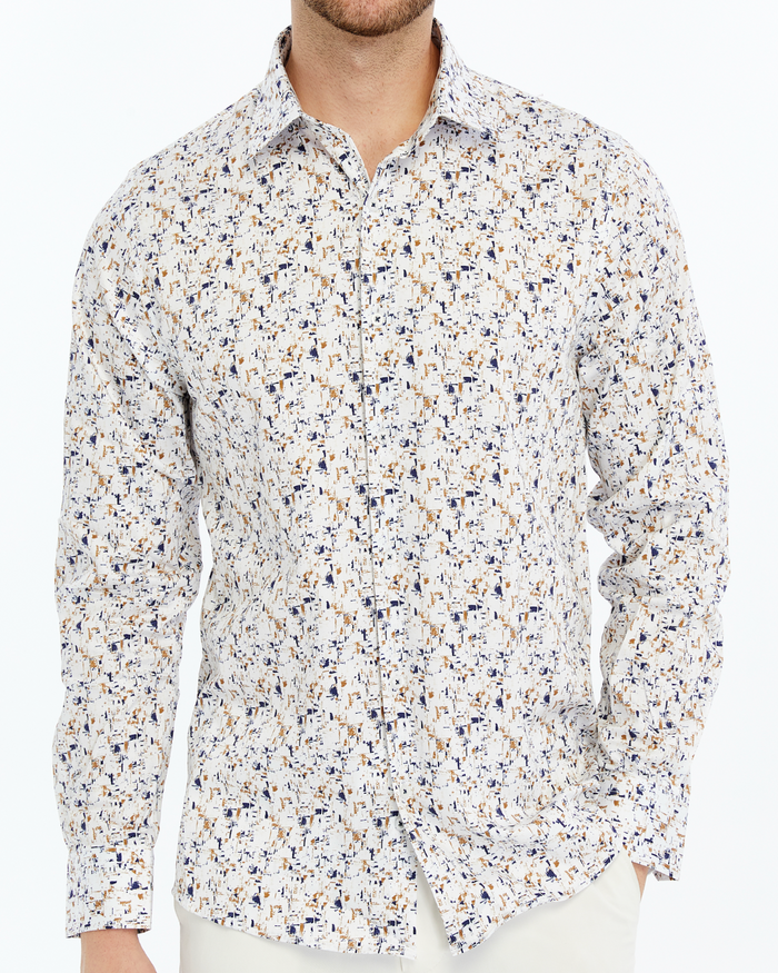 Iconic Liberty Geo I – Men's Blue , Brown Geometric Print Pure %100 Cotton Shirt