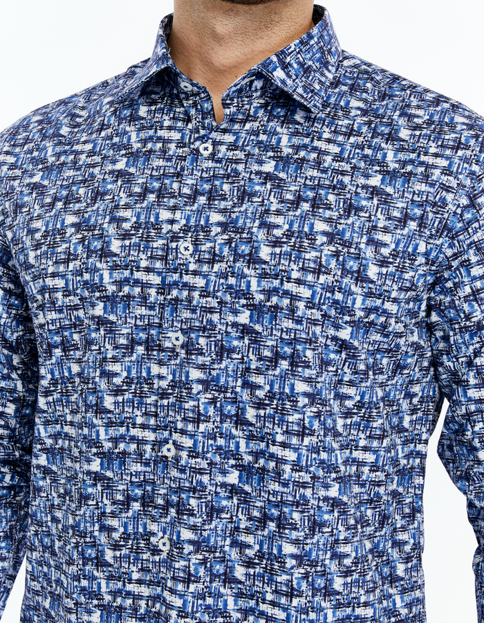 Iconic Liberty Geo II – Men's Blue & Black Geometric Print Pure %100 Cotton Shirt