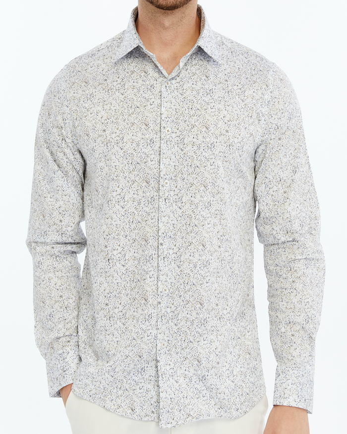 Grey patterned printed shirt on a white background