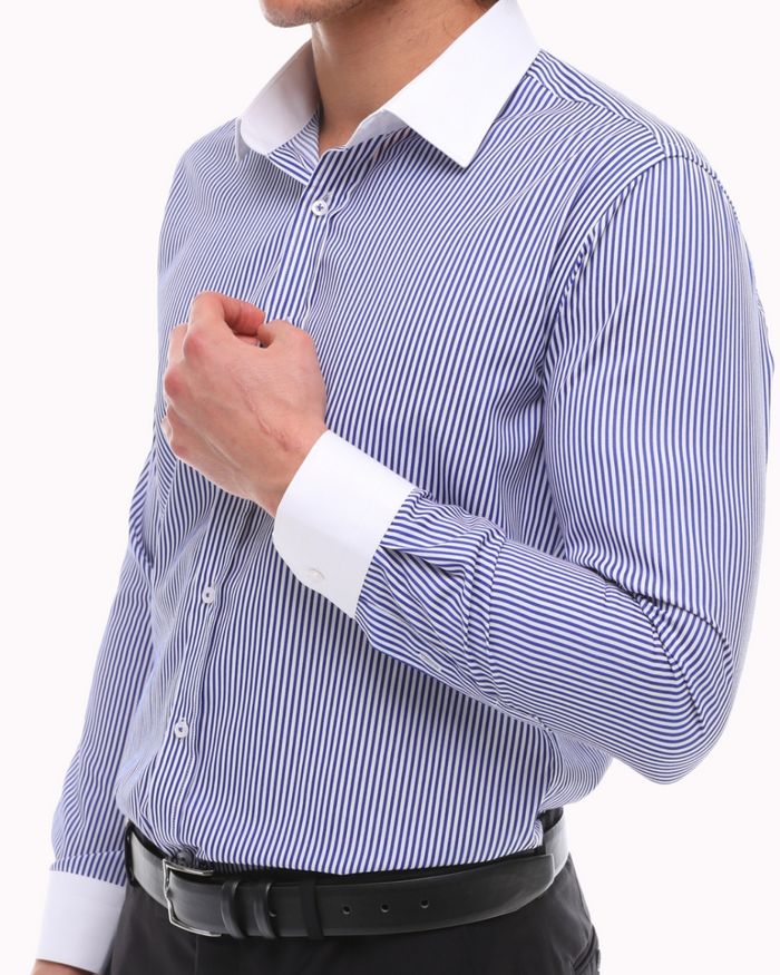ICONIC BLUE STRIPE - Blue Stripe with White Collar Shirt