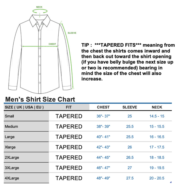 Blue Stripe with White Collar Shirt Size Chart by Ecca London Design